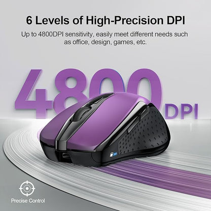 TECKNET Wireless Mouse (BT5.0/3.0 & 2.4G) Rechargeable 4800 DPI Silent USB A & Bluetooth Mouse 6 Buttons, Wide Compatibility - Purple