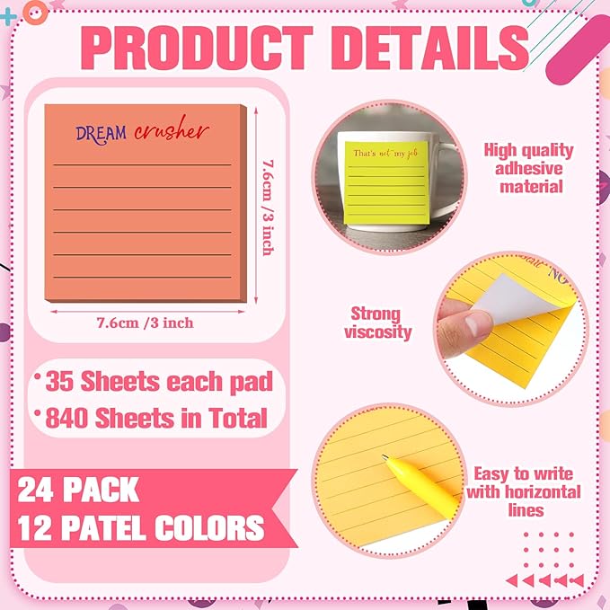 Yinder 24 Pcs Inspirational Sticky Notes Christmas Stocking Stuffers Motivational Sticky Notes Pad Employee Appreciation Gift Bulk for Teacher Nurse Coworker Office 3 x 3'' (Funny,Bright Color)