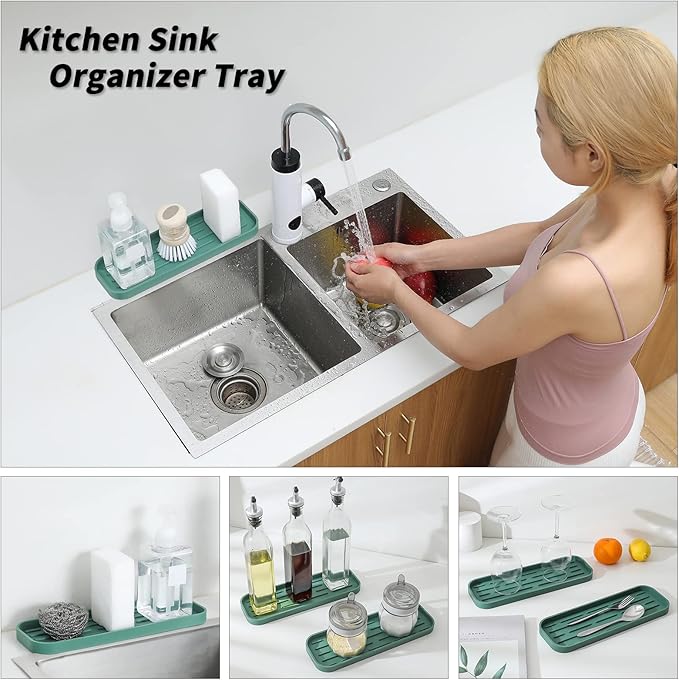 Silicone Kitchen Sink Organizer Tray for Multiple Usage,Eco-Friendly Sponges Holder for Kitchen Bathroom Counter or Sink,Dish Soap Dispenser,Scrubber,Bottle,Cup (Green, 12"×4")