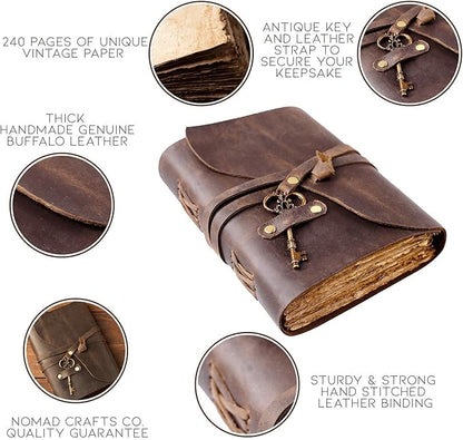 Vintage Leather Journal - Antique Handmade Deckle Edge Vintage Paper Leather Bound Journal - Book of Shadows Journal - Leather Sketchbook - Drawing Journal - Great Gift (Vintage Brown, 11.5"x8.25")