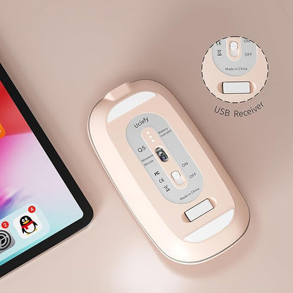 Uciefy Q5 Slim Rechargeable Wireless Mouse, 2.4G Portable Optical Silent Ultra Thin Wireless Computer Mouse with USB Receiver and Type C Adapter, Compatible with PC, Laptop, Desktop - Light Pink