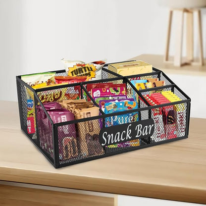 Snack Organizer for Pantry Shelf, Metal Snack Organizer Snack Basket, 6 Compartment Snack Bin Holder Chip Organizer, Snack Bar Station Organizer, Kitchen Pantry Organizer and Storage (Black)