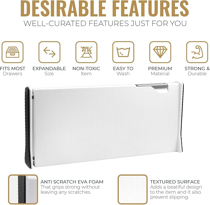 RAPTUROUS Adjustable Deep Drawer Divider – 6" Tall, Expandable 13-22", 4-Pack, Non-Slip Drawer Dividers for Clothes, Dresser, Kitchen & Office Organization (White)