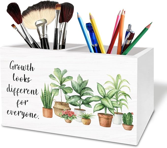 Mental Health Pen Holder for Desk, Growth Looks Different for Everyone Wooden Box Sign Desk Decor for Home Office Classroom Decoration, Botanical Inspirational Pencil Organizer