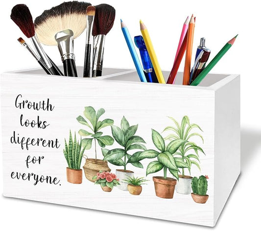Mental Health Pen Holder for Desk, Growth Looks Different for Everyone Wooden Box Sign Desk Decor for Home Office Classroom Decoration, Botanical Inspirational Pencil Organizer