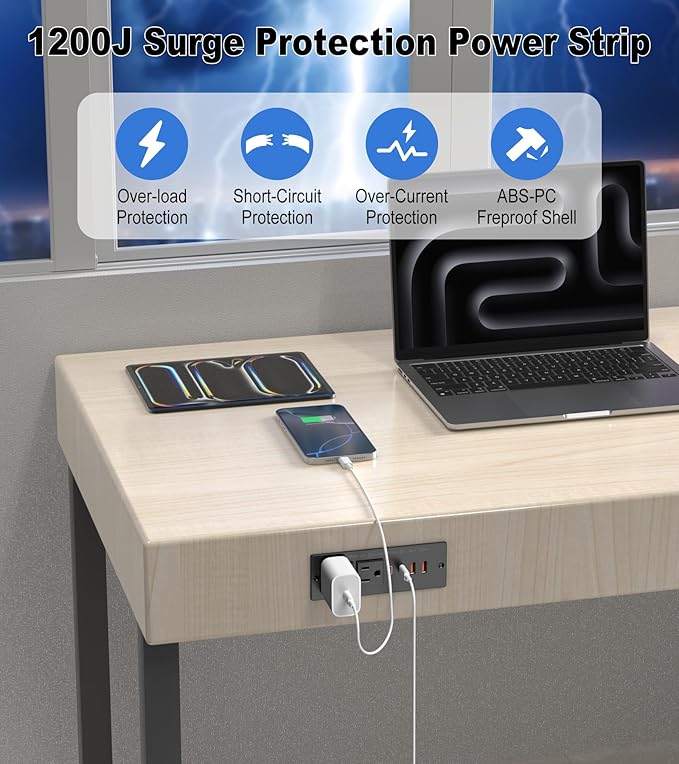 30W Drawer Outlet, Furniture Recessed Power Strip with 4 USB Ports & 2 AC Outlets, Recessed Outlet for Conference Rooms, Office Tables, Furniture, 5FT Spring Cord (ETL Listed)