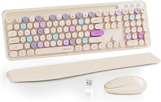 UBOTIE Wireless Keyboard and Mouse Combo with Phone Holder and Wrist Rest, Round Colorful Keys, Power Switches, 2.4GHz USB Receiver, Full-Size QWERTY Layout for PC Laptop(Khaki)