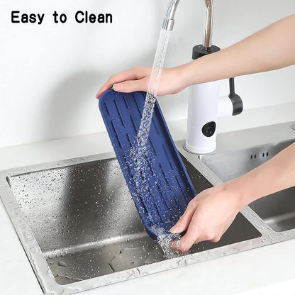 Silicone Kitchen Sink Organizer Tray for Multiple Usage,Eco-Friendly Sponges Holder for Kitchen Bathroom Counter or Sink,Dish Soap Dispenser,Scrubber,Bottle,Cup (Navy Blue, 12"×4")