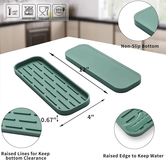 Silicone Kitchen Sink Organizer Tray for Multiple Usage,Eco-Friendly Sponges Holder for Kitchen Bathroom Counter or Sink,Dish Soap Dispenser,Scrubber,Bottle,Cup (Green, 12"×4")