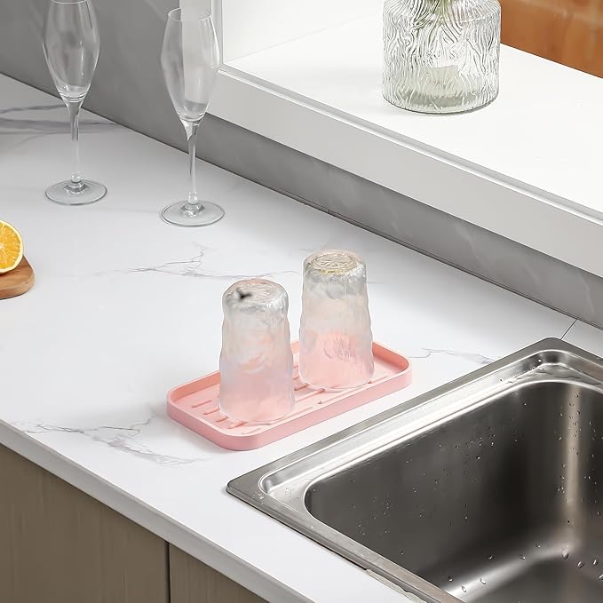 Silicone Kitchen Sink Organizer Tray for Multiple Usage,Easy Clean,Eco-Friendly Sponges Holder for Kitchen Bathroom Counter or Sink,Dish Soap Dispenser,Scrubber,Bottle,Cup Pink 10”x 5.3”