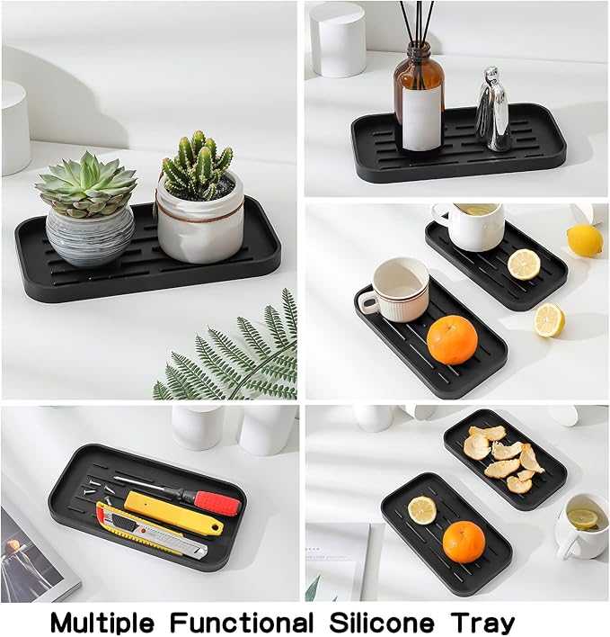 Silicone Kitchen Sink Organizer Tray for Multiple Usage,Eco-Friendly Sponges Holder for Kitchen Bathroom Counter or Sink,Dish Soap Dispenser,Scrubber,Bottle,Cup (Black, 10"×5.3")