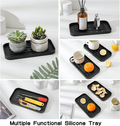 Silicone Kitchen Sink Organizer Tray for Multiple Usage,Eco-Friendly Sponges Holder for Kitchen Bathroom Counter or Sink,Dish Soap Dispenser,Scrubber,Bottle,Cup (Black, 10"×5.3")