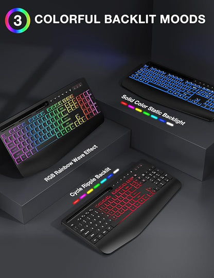 Wireless Keyboard and Mouse Combo - 9 Backlit Effects, RGB, Ergonomic Wrist Rest, Phone Holder, 2.4G Full Size, Rechargeable, Sleep Mode, Quiet Keyboard Set for Computer, PC, Laptop, Mac, Windows
