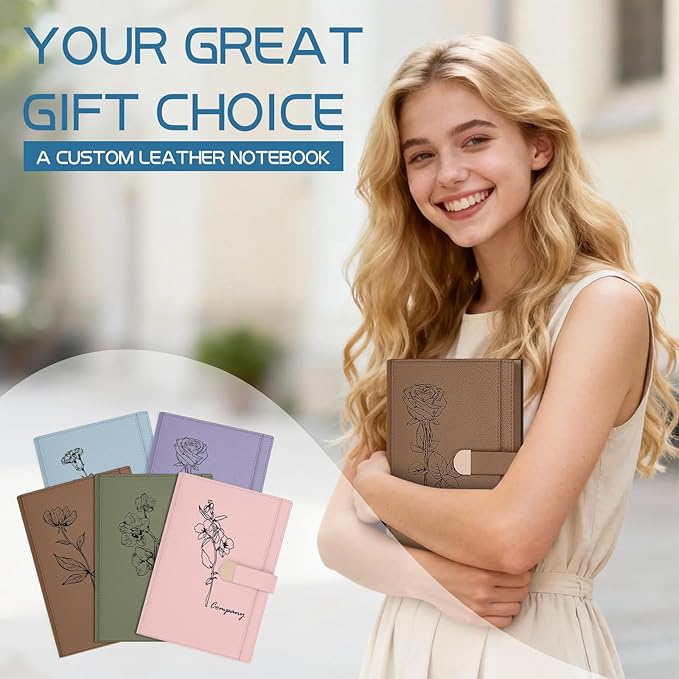 ENOMY Personalized A5 Notebook Set 300 Pages Custom Notebook PU Leather Personalized Journal with Storage Pocket for Writing College Office Business Gift, Brown