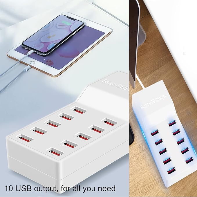 MaxLax USB Charger Station,10-Port 50W/10A Multiple USB Charging Station with Smart IC Technology,Multi Ports Charger Charging for Smartphones，Tablets，and Other Devices.