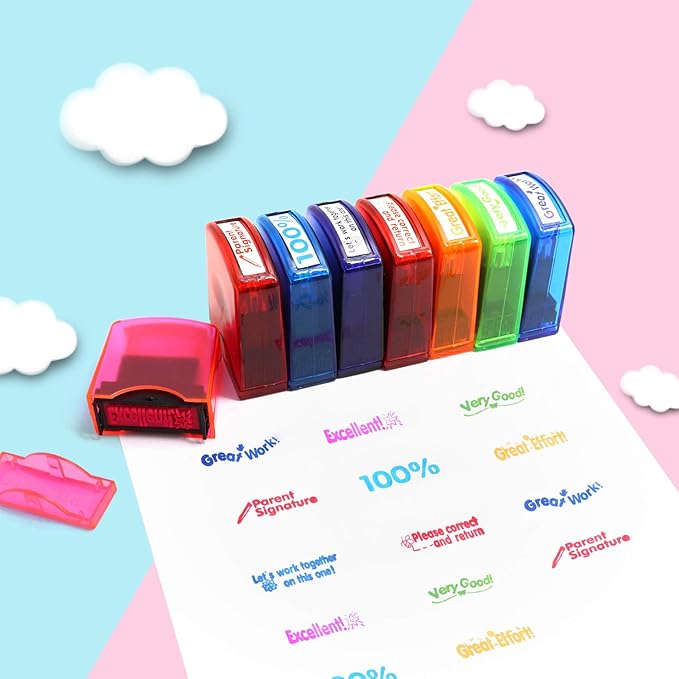 RELIANCER 8PCS Teacher Stamp Set,Colorful Self-Inking Motivational Classroom Stamper for Grading,Encouraging Rating Stamp Student,Parent Signature Stamps for Homework,School Homeschool Reward Supplies