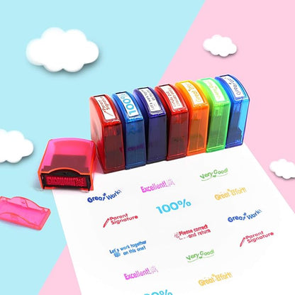 RELIANCER 8PCS Teacher Stamp Set,Colorful Self-Inking Motivational Classroom Stamper for Grading,Encouraging Rating Stamp Student,Parent Signature Stamps for Homework,School Homeschool Reward Supplies