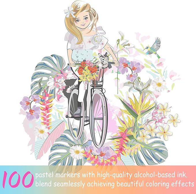 Caliart Pastel Markers, 100 Colors Dual Tip Art Markers Sketch Pens Permanent Alcohol Based, with Case for Adults Artists Drawing Illustration Sketching Coloring