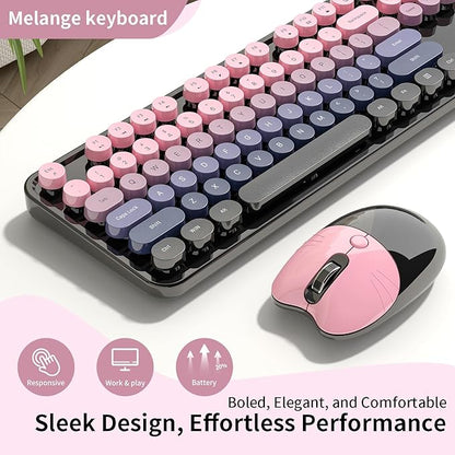 Wireless Keyboard and Mouse, MOFII 104 Round Keycaps Retro Typewriter with OTG & Brush, Full-Size Ergonomic, Ideal for Windows PC, Home, Office and College Peach Pink