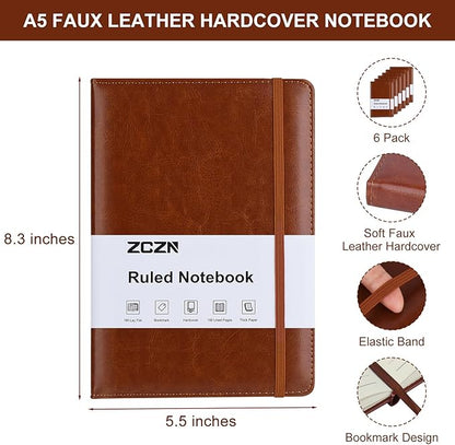 ZCZN 6 Pack Lined Journal Notebooks, 192 Pages A5 Hardcover Leather Journals for Work,Writing,School & Travel, College Ruled Journaling Notebooks for Notes Taking,Diary Journal(Black+Brown+Grey)*2