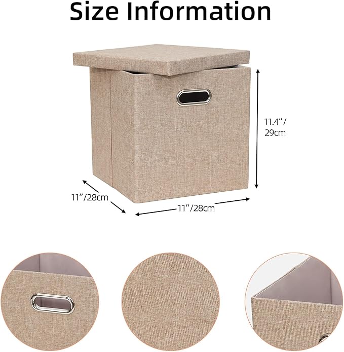 Storage Bins with Lids, Collapsible Linen Fabric Boxes Organizer Containers with Lid Foldable Storage Box Basket for Closet, Shelves, Home, Office, 11 x 11 x 11.4 Inch, 4 Pack, Khaki
