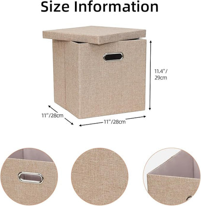 Storage Bins with Lids, Collapsible Linen Fabric Boxes Organizer Containers with Lid Foldable Storage Box Basket for Closet, Shelves, Home, Office, 11 x 11 x 11.4 Inch, 4 Pack, Khaki