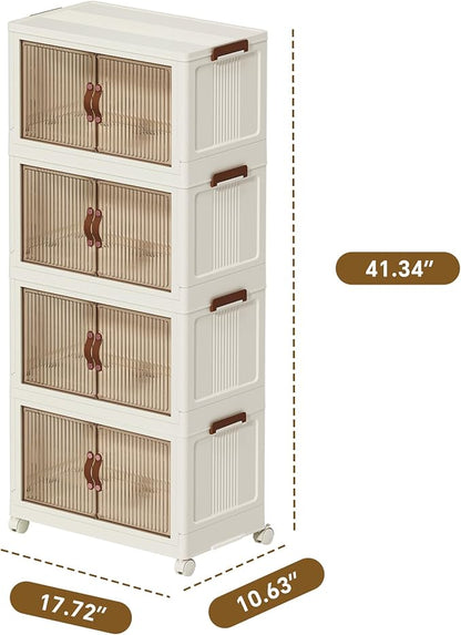 35 QT Collapsible Stackable Plastic Storage Bins with Lids & Wheel, Multifunctional Folding Storage Cabinet Containers with Door for Clothes, Home, Room, White, 4 Tiers