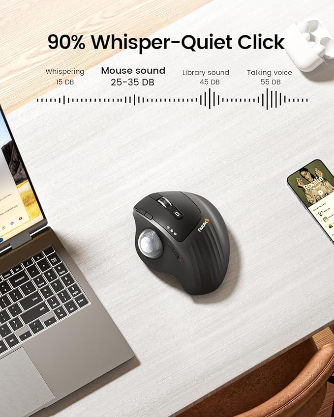 ProtoArc Wireless Trackball Mouse, EM01 NL Ergonomic Bluetooth Rollerball Thumb Rechargeable Computer Laptop Mouse, Adjustable Angle & 3 Device Connection for PC, Mac, Windows-Silver Ball