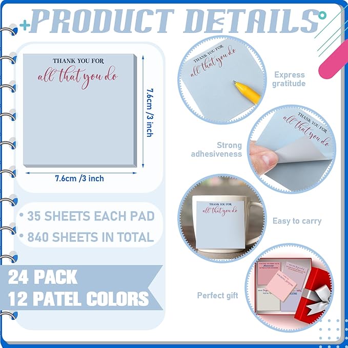 Yinder 24 Pcs Employee Appreciation Sticky Notes Xmas Gift Bulk Motivation Note Pads Mini Inspirational Note Gift for Teacher Nurse Staff Coworker Office Supply 3 x 3'' (Appreciation,Artistic)