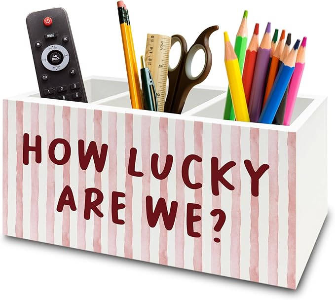 Pink Inspirational Pen Pencil Holder Organizer for Desk, Thank You Gifts for Women, Pink Striped How Lucky Are We Motivational Wooden Box Sign for Home Office Desk Tabletop Decorations