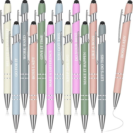 Zonon 12 Pcs Inspirational Pens Bulk Funny Ballpoint Pen with Stylus Tip Motivational Gifts for Christmas Teacher Coworkers Nurse School Office Supplies(Morandi,Boss Lady)