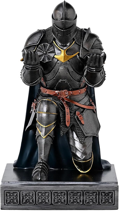 Medieval Armored Warrior Wearing Outerwear, Mobile Phone Stand Knight Pen Holder Desk Organizers, Resin Bookends Paperweight with a Letter Opener for Desk (Iron&Green)