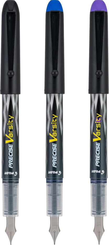 PILOT Precise Varsity Pre-Filled Fountain Pens, Medium Point Stainless Steel Nib, Black/Blue/Purple Inks, 3-Pack (90022)