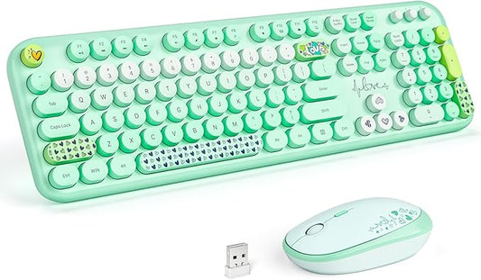 MOFII Wireless Keyboard and Mouse Combo, Full Size 2.4G Plug and Play Typewriter Retro Round Computer Keyboard and Mouse Set for Windows, Computer, Desktop, PC, Notebook - (Green Colorful)
