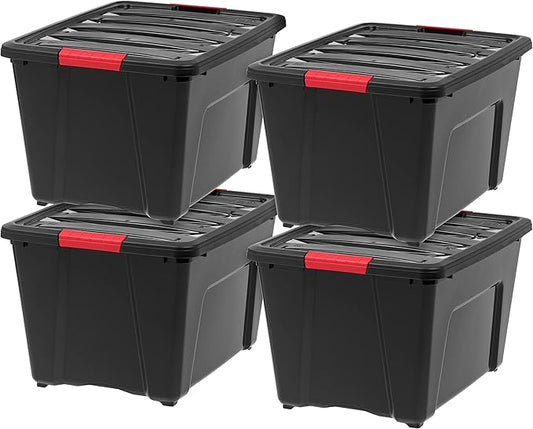 IRIS USA 51 L (54 QT) Plastic Storage Box with Lid and Latches - 4 Pack - BPA-Free, Garage Organizing Solution, Durable Nestable Stackable Containers, Secure Pull Handle - Black