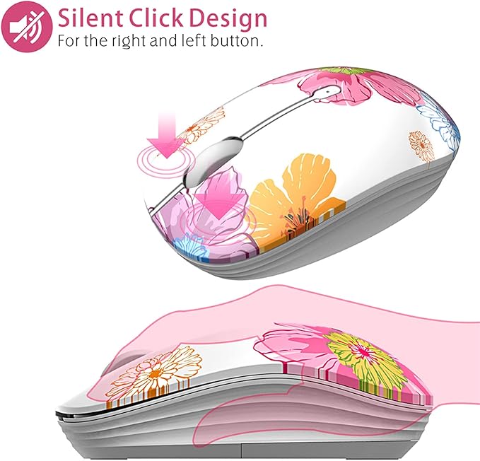 TENMOS M101 Wireless Mouse Cute Silent Computer Mice with USB Receiver, 2.4G Optical Wireless Travel Mouse 1600 DPI for Laptop, Notebook, PC, Computer (Flower)