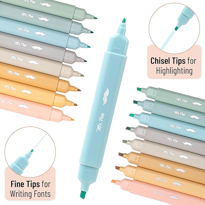 Mr. Pen- Aesthetic Bible Highlighters No Bleed Through Assorted Color, 8pcs, Ocean Dune, Cute Highlighter Dual Tip for Journaling Supplies and School Accessories, Bible Highlighters and Pens No Bleed
