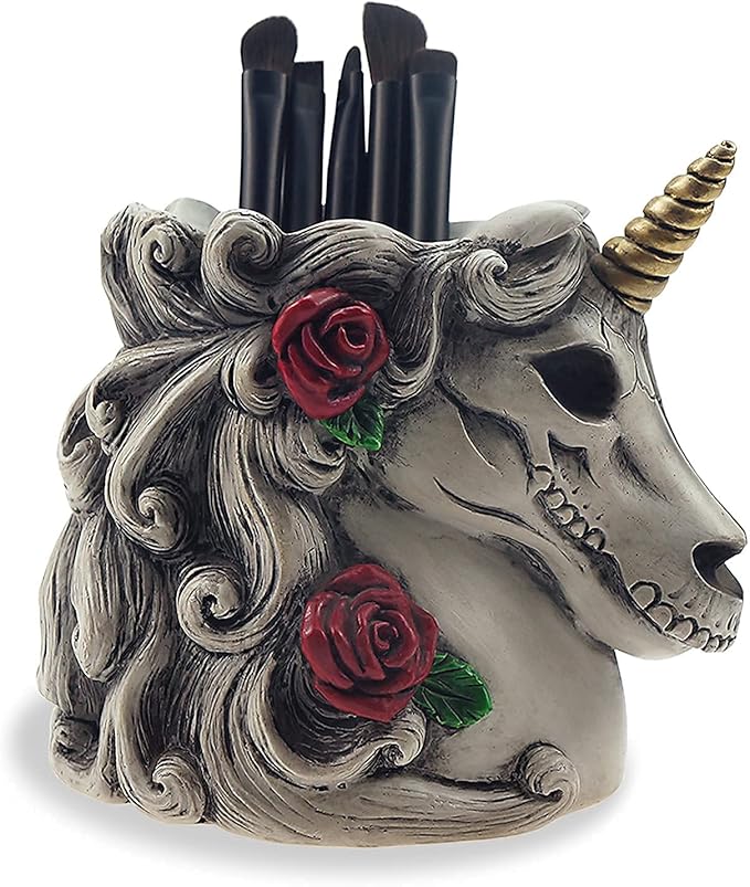 Gothic Unicorn Skull Makeup Brush/Pen Holder-Unicorn Gift for Women Adults Halloween Decor Day Dead Inspired Goth Accessory for Home