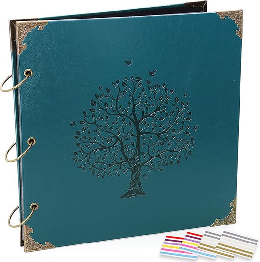 Photo Album DIY Scrapbook - 12x12 inch 50 Pages Vintage Leather Cover Three-Ring Binder Family Picture Booth Albums with 408pcs Self Adhesive Photos Corners for Memory Keep, Tree (Jasper Green)