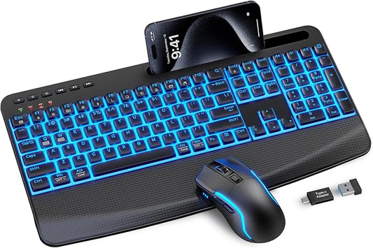 SABLUTE Wireless Keyboard and Mouse Combo, Rechargeable 4000mAh Light up Quiet Keyboard with Wrist Rest & Phone Holder, Ergonomic Silent Typing for PC/Mac/Laptop/Windows/Chrome OS