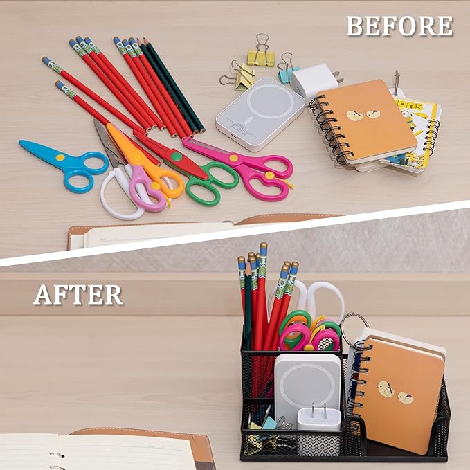 Pen Holder Mesh Metal Pencil Holder Desk Organizers Black for Desk Office with 3 Compartments Pencil Holders,Desktop Storage Caddy Organization,Suitable for School, Home,Black