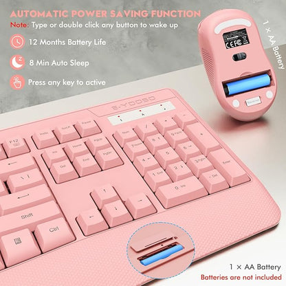 Wireless Keyboard and Mouse Combo, E-YOOSO 2.4GHz Full Sized Ergonomic Wireless Keyboard with Wrist Rest, 3 DPI Adjustable and 6 Buttons Cordless USB Mouse for Computer, Laptop, PC, Windows (Pink)