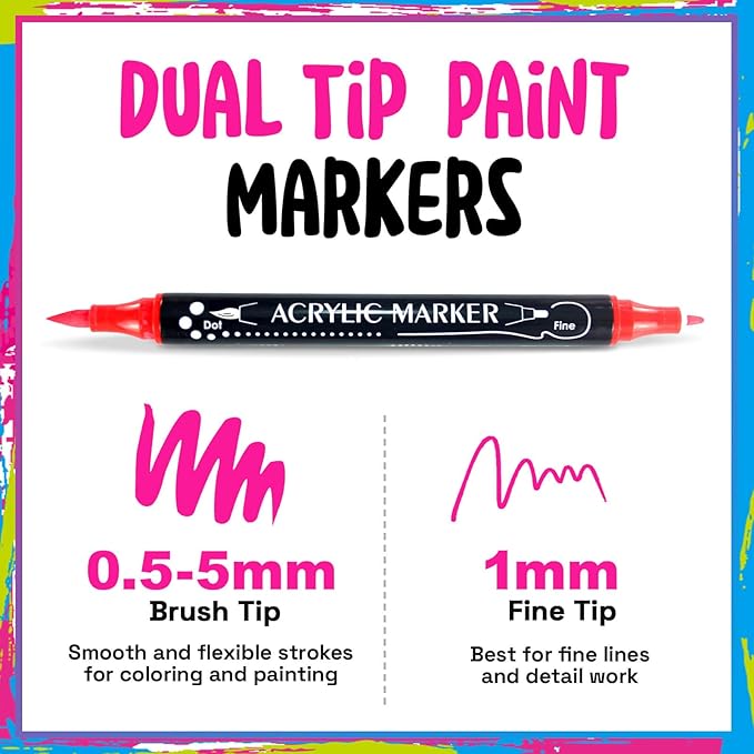 30 Colors Dual Tip Acrylic Paint Markers,Fine Tip and Brush Tip Permanent Acrylic Paint Pens For Rock Painting, Canvas, Wood, Glass, Ceramic, Fabric, Plastic, Egg, Scrapbook,Art Painting Supplies Kit