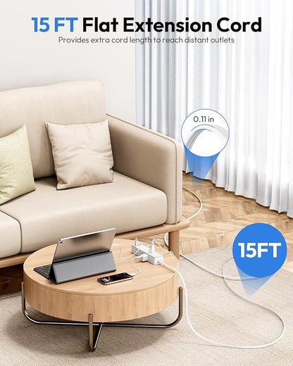 Flat Extension Cord 15 FT, Surge Protector Power Strip with 9 Widely Outlets and 3 USB (1 USB-C), Extension Cord with Multiple Outlets, 1080 Joule, Wall Mount, for Home Office, Dorm,White
