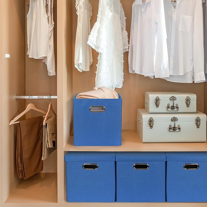 Storage Bins with Lids, Collapsible Linen Fabric Boxes Organizer Containers with Lid Foldable Storage Box Basket for Closet, Shelves, Home, Office, 11 x 11 x 11.4 Inch, 4 Pack, Dark Blue