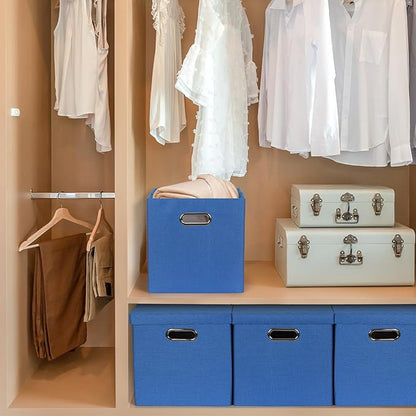 Storage Bins with Lids, Collapsible Linen Fabric Boxes Organizer Containers with Lid Foldable Storage Box Basket for Closet, Shelves, Home, Office, 11 x 11 x 11.4 Inch, 4 Pack, Dark Blue