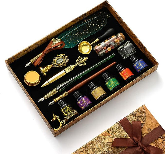 Feather Calligraphy Pen and Ink Set, with Vintage Writing Quill Pen, Glass Dip Pen, Wooden Dip Pen, Pen Nibs, Pen Holder, Cup, Wax Beads, Seal Stamp, Candle, Melt Spoon and Gift Boxes #83
