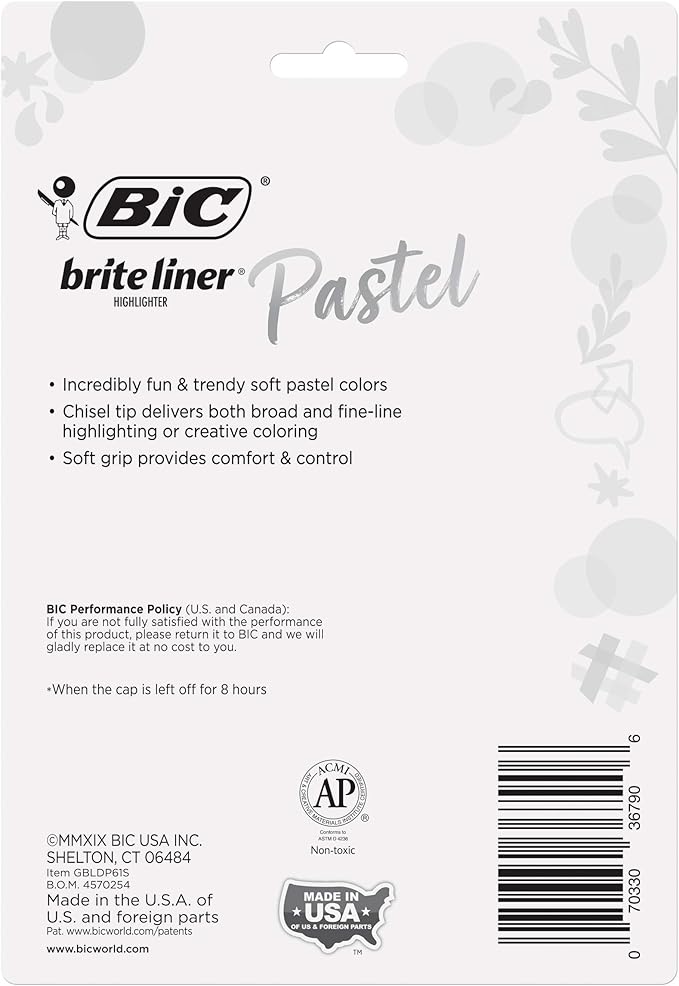 BIC Brite Liner Grip Pocket MINI Highlighter, Pastel Ink Colors, Chisel Tip, 6 Count (Pack of 1)