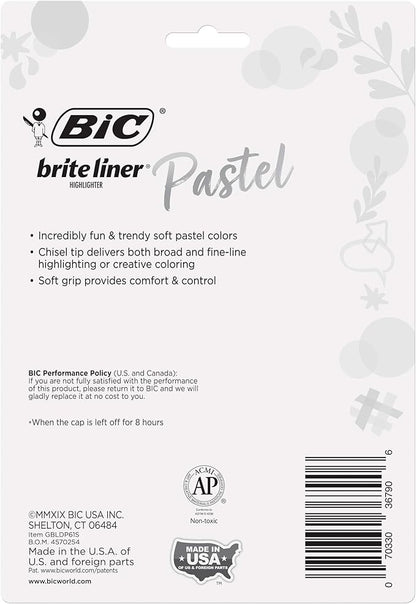 BIC Brite Liner Grip Pocket MINI Highlighter, Pastel Ink Colors, Chisel Tip, 6 Count (Pack of 1)