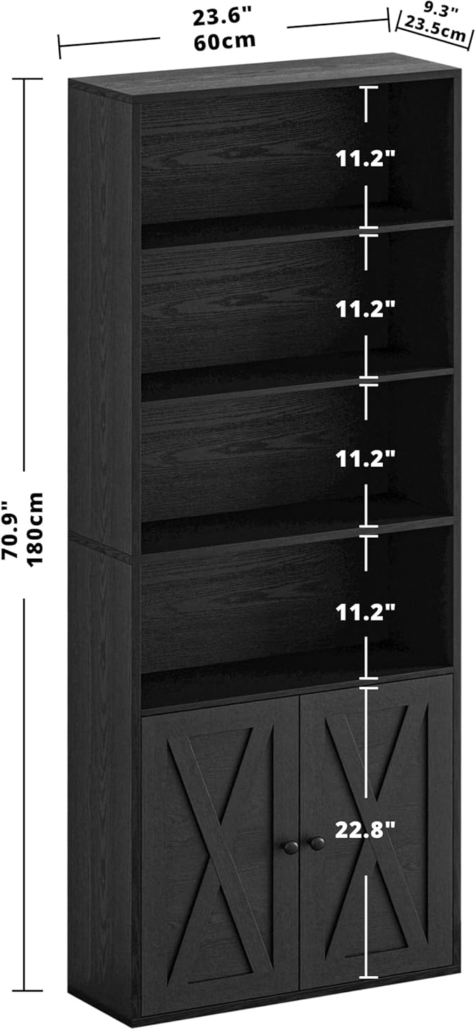 IRONCK Industrial Bookshelves and Bookcases with Doors Floor Standing 6 Shelf Display Storage Shelves 70 in Tall Bookcase for Home Office, Living Room
